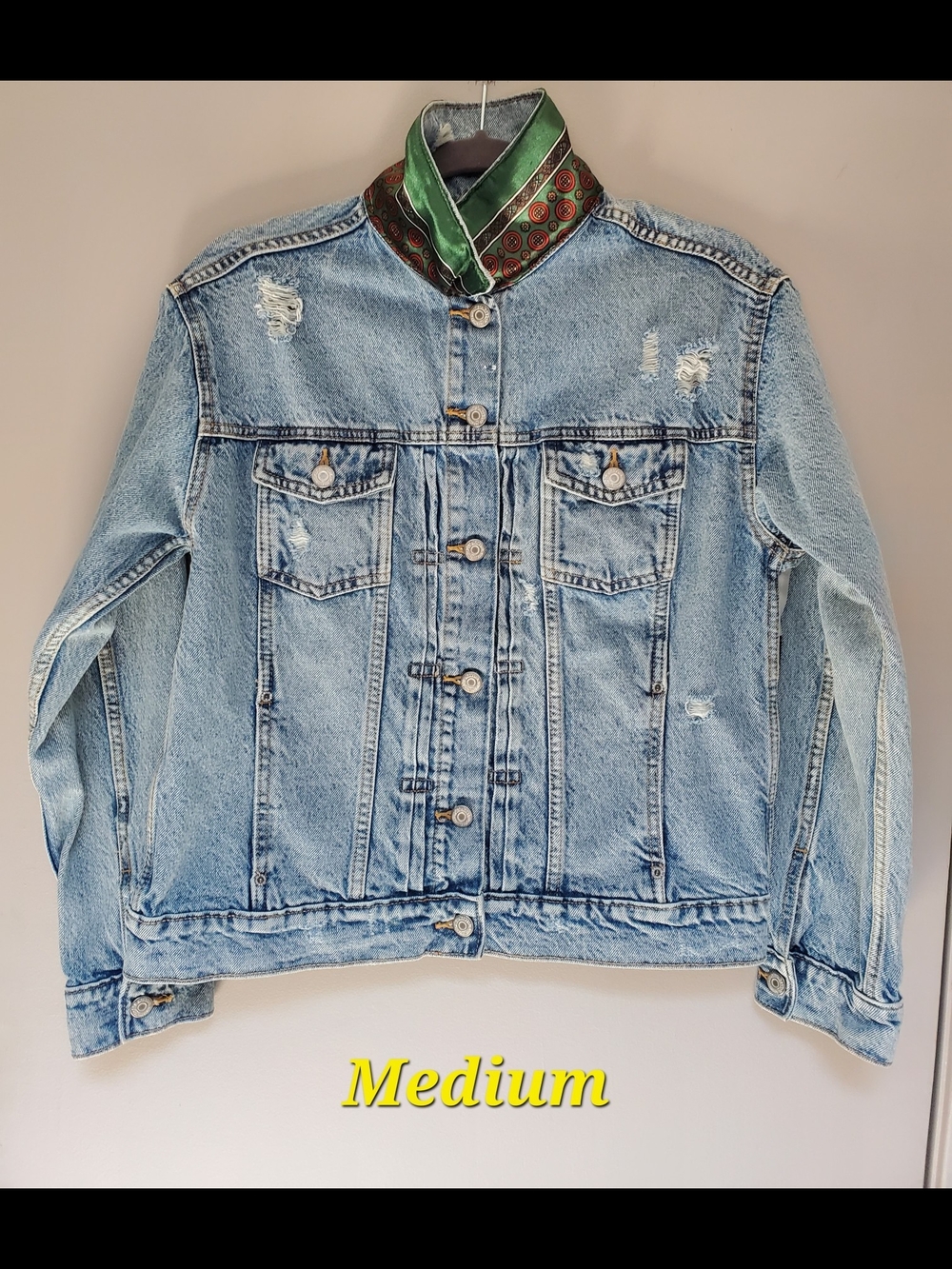 Upcycled Green Silk-Panel Denim Jacket - Women - Picture 2 of 3